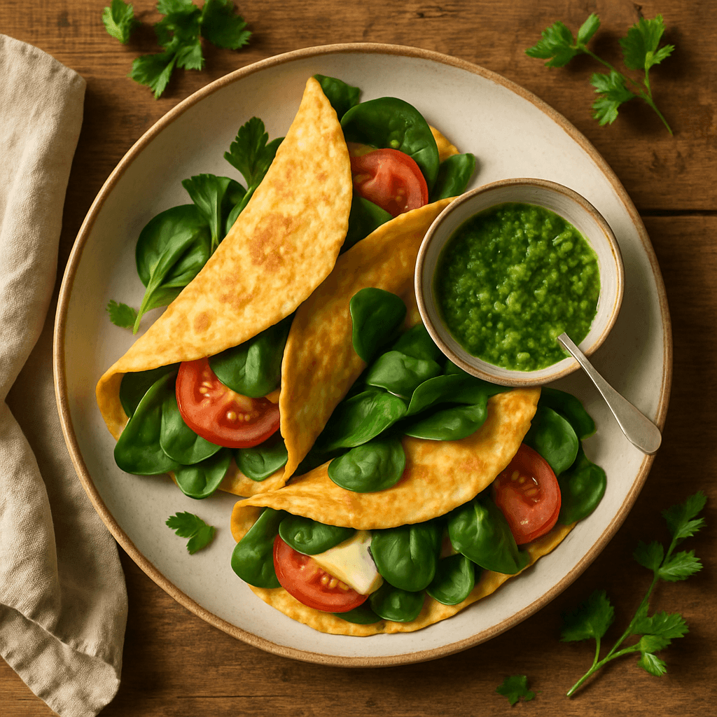 Æggewrap med spinat, tomat og ost samt frisk urtesauce