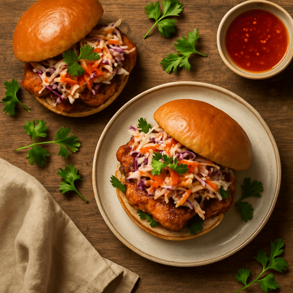 Amerikanske kyllingesandwich med coleslaw og sweet chili-dressing