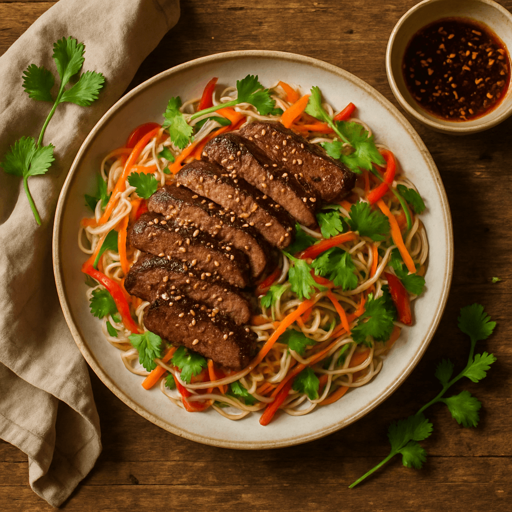 Asiatisk inspireret oksekød med sesamfrø og nudelsalat
