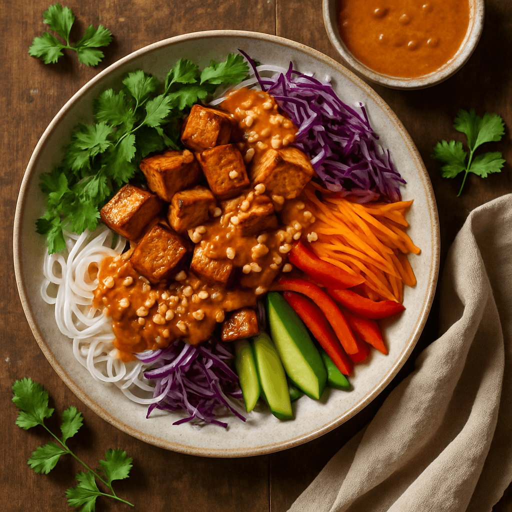 Asiatisk inspireret tofu-salat med krydret peanutsauce og friske grøntsager