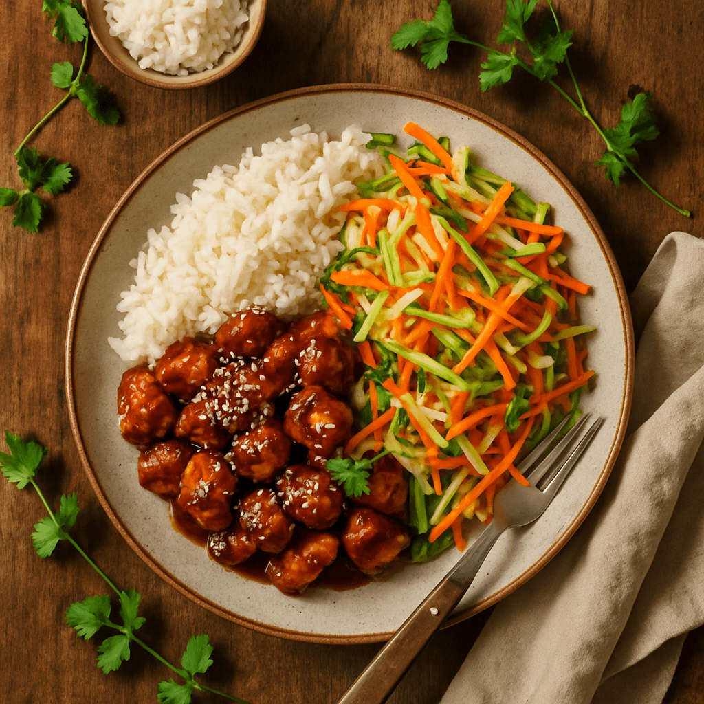 Asiatisk kylling i teriyaki med sprød grøntsagssalat og jasminris