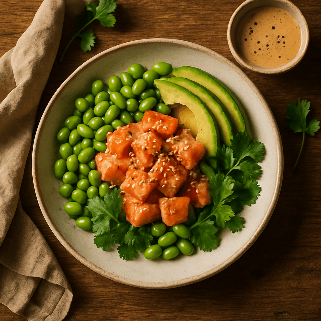 Asiatisk laksebowl med edamame og avocado