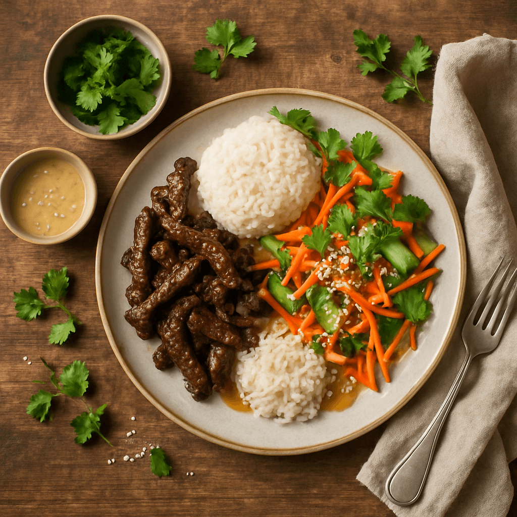 Asiatisk oksekødsret med sesamdresset salat og ris