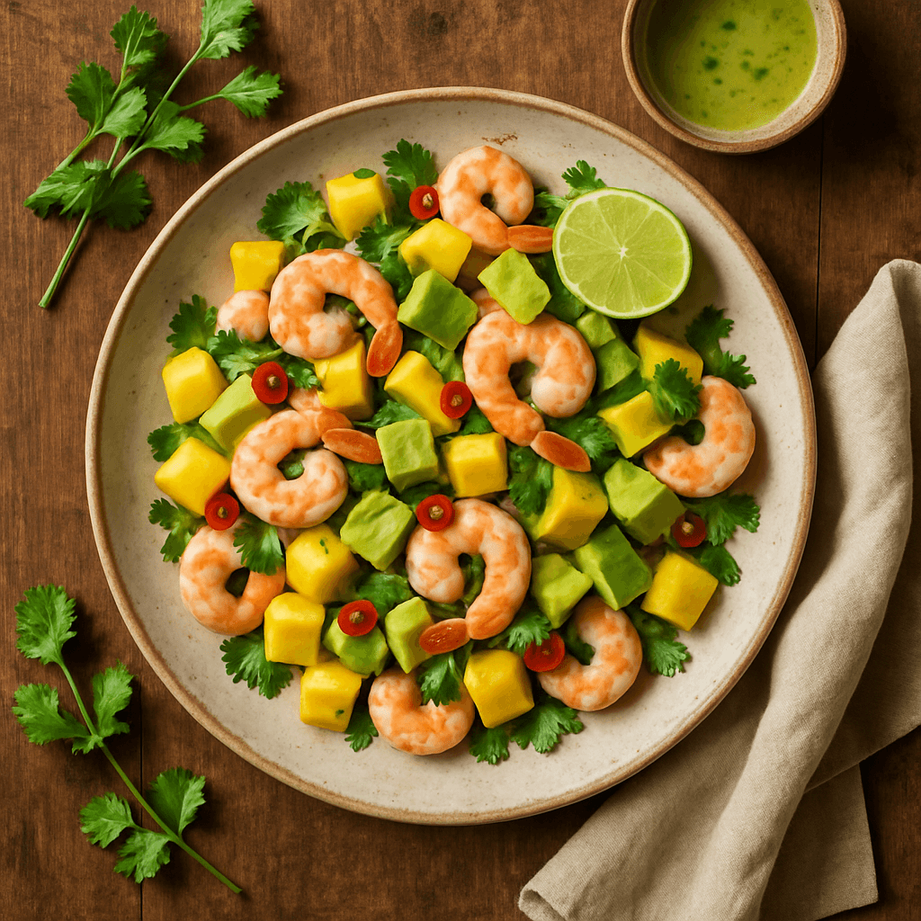 Asiatisk skaldyrssalat med mango, avocado og lime-dressing