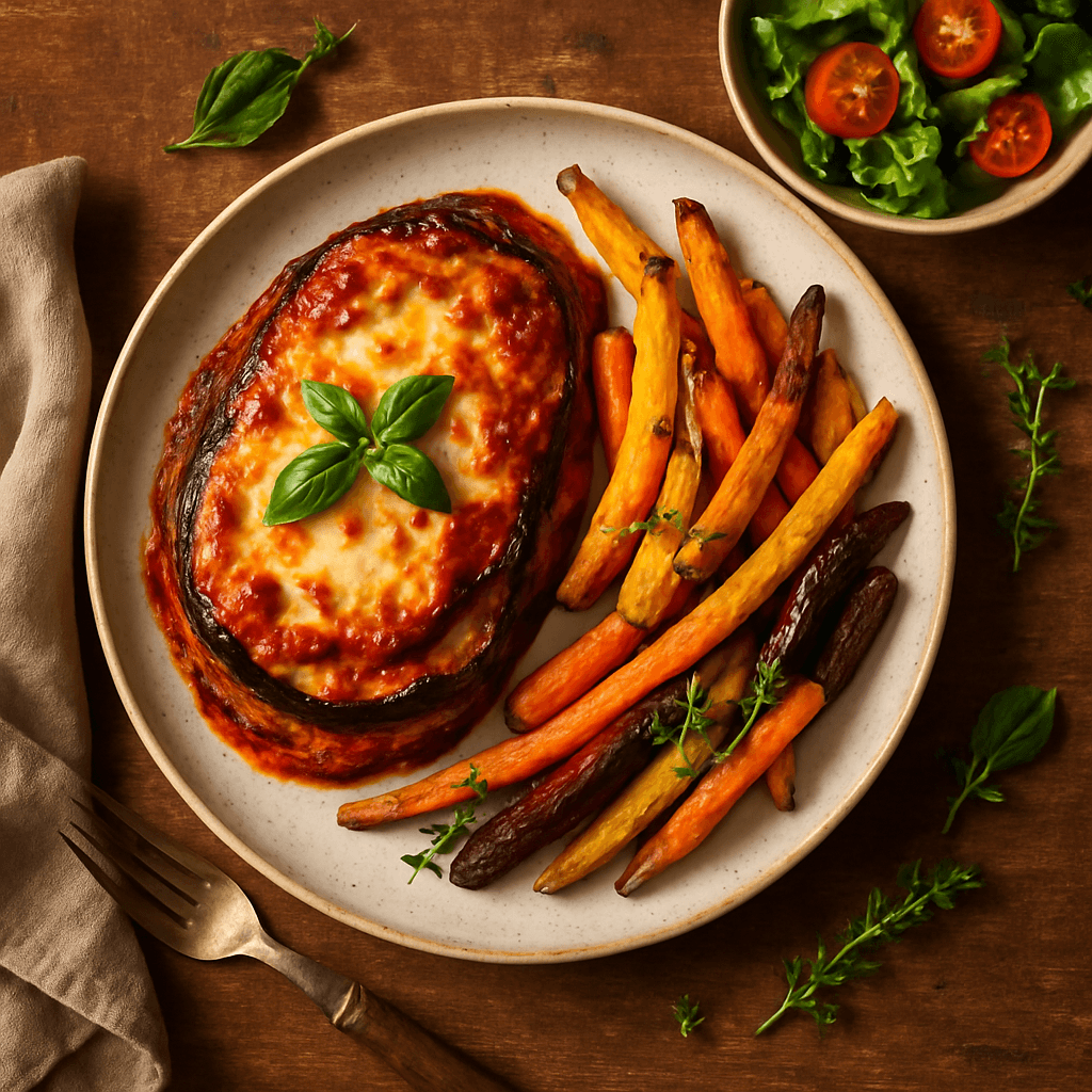 Aubergine Parmigiana med bagte rodfrugter og frisk salat