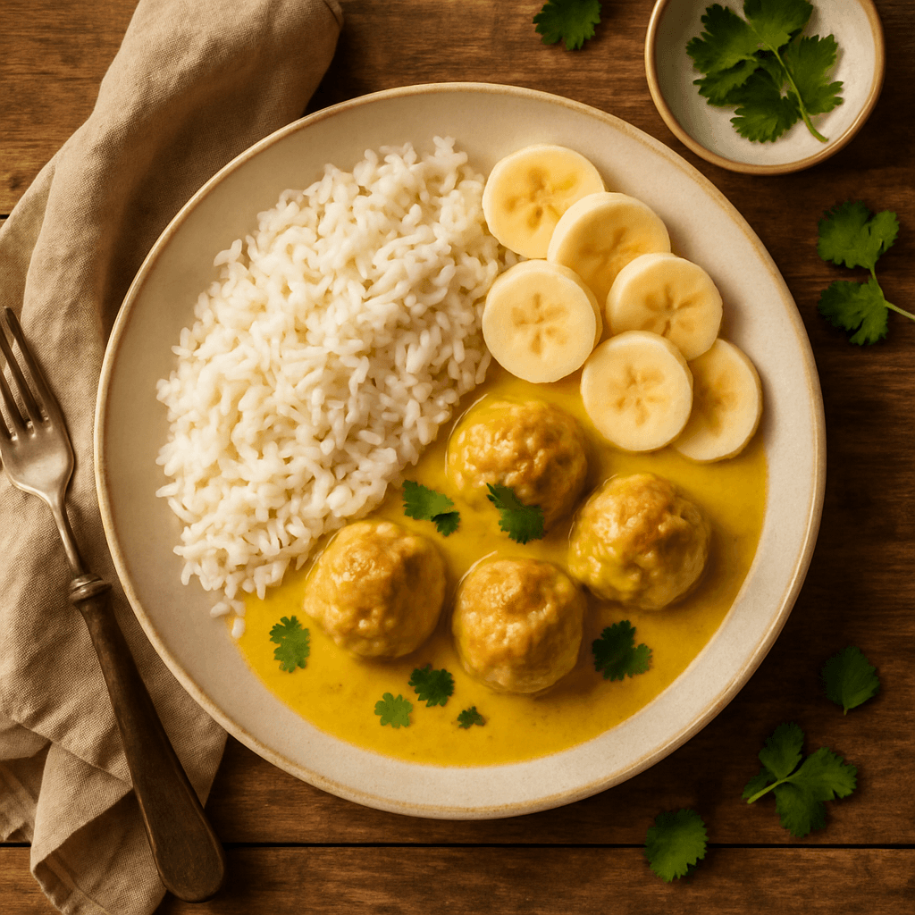 Boller i karry med ris og banan