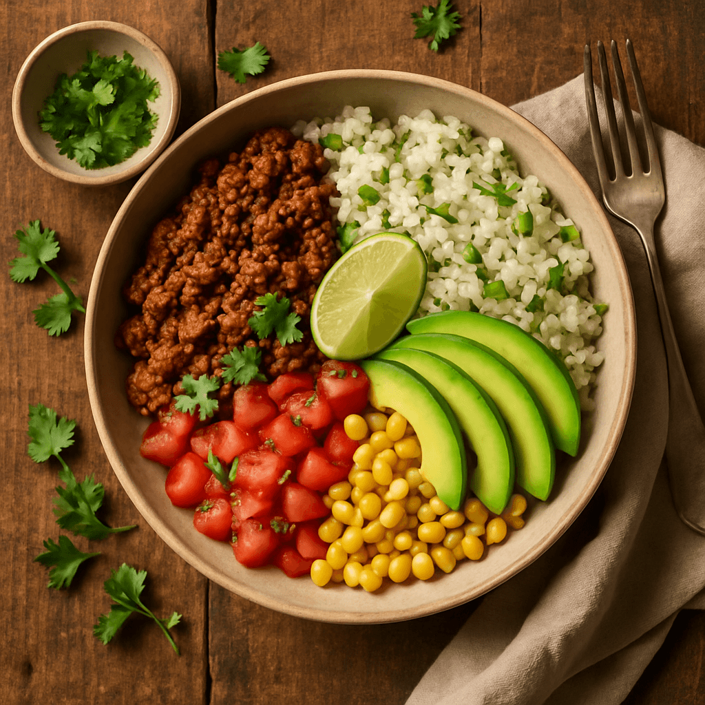 Burrito bowl med krydret oksekød og lime-ris