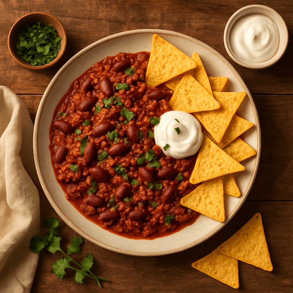 Chili con carne med nachos og creme fraiche