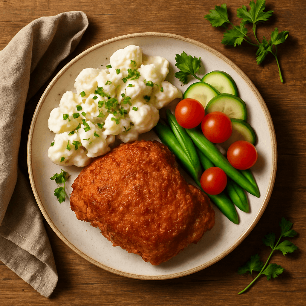 Crispy kylling i airfryer med cremet kartoffelsalat og friske grøntsager