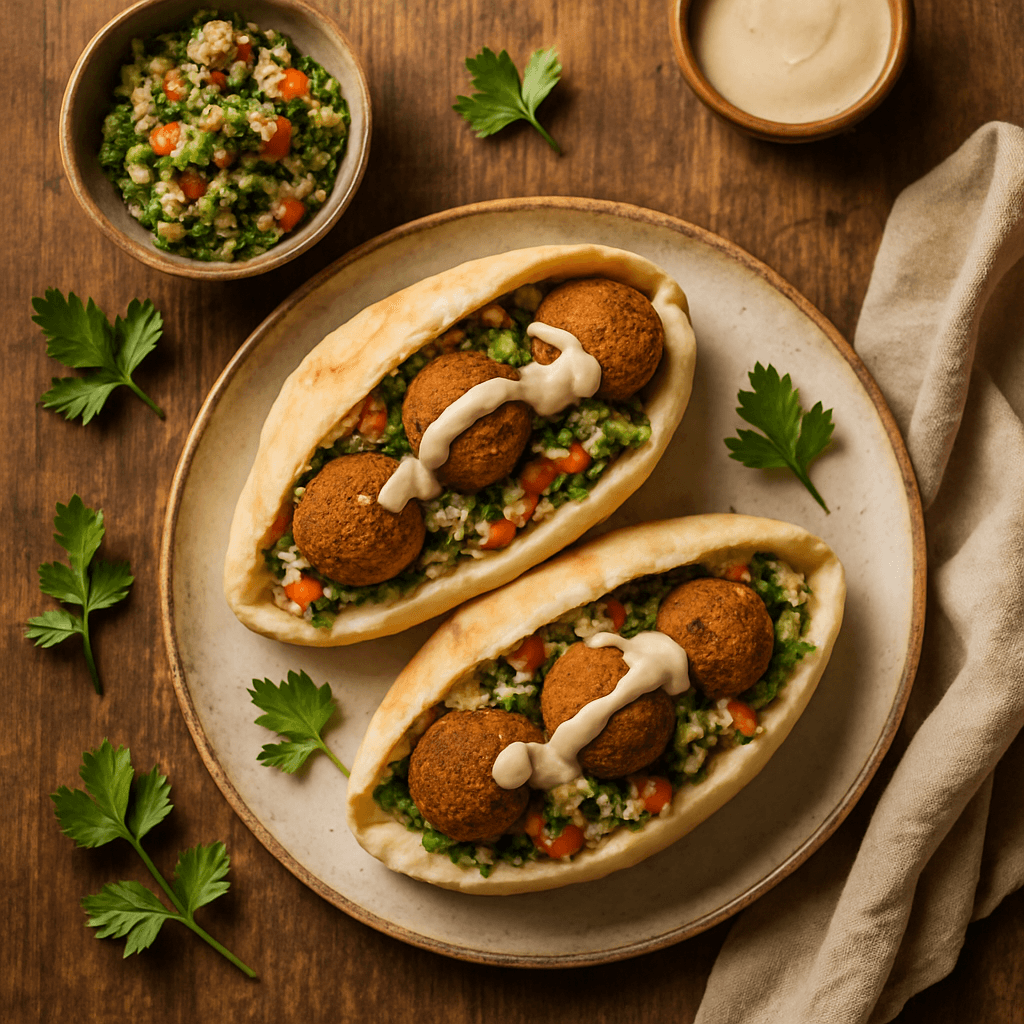 Falafel i pitabrød med tahini og tabbouleh