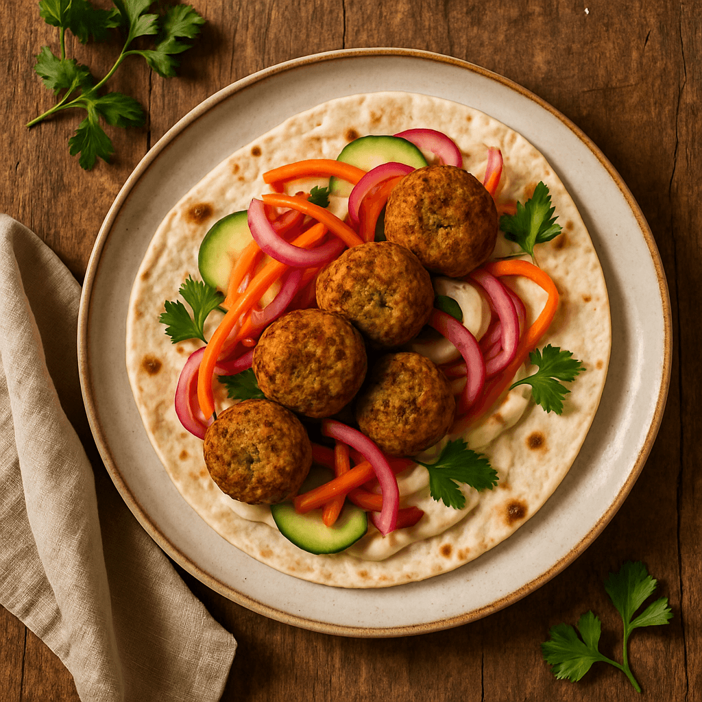 Falafel-wrap med tahini og syltede grøntsager