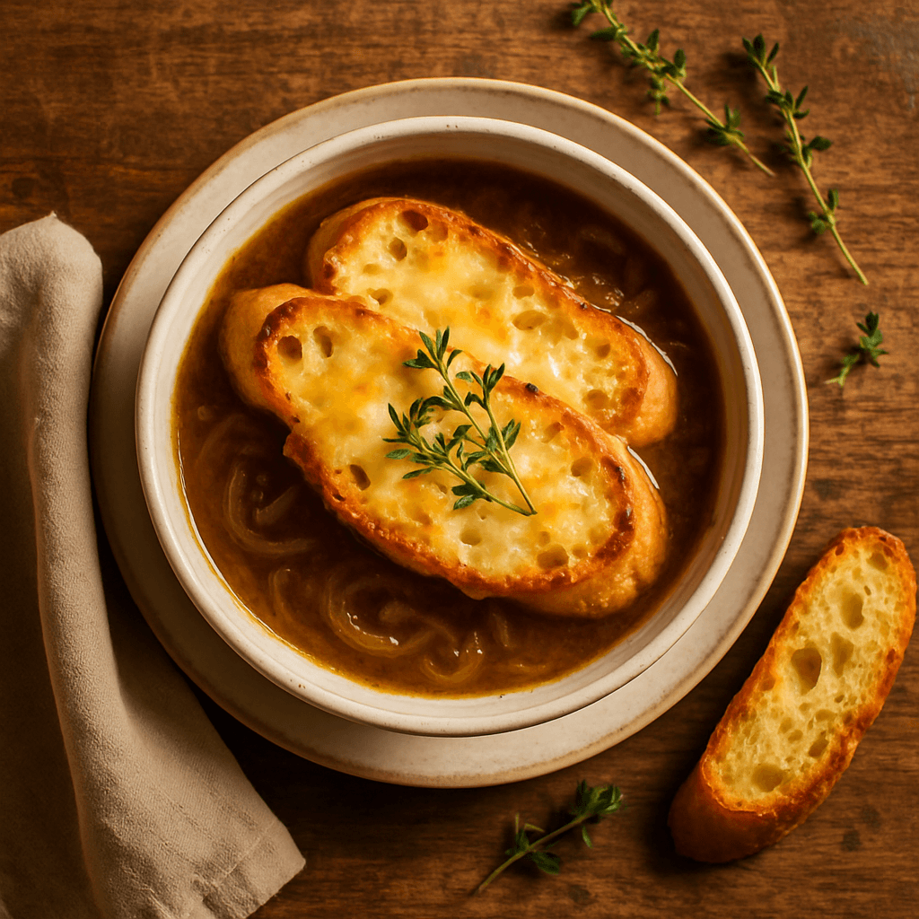 Fransk gratineret løgsuppe med sprødt baguette og ost