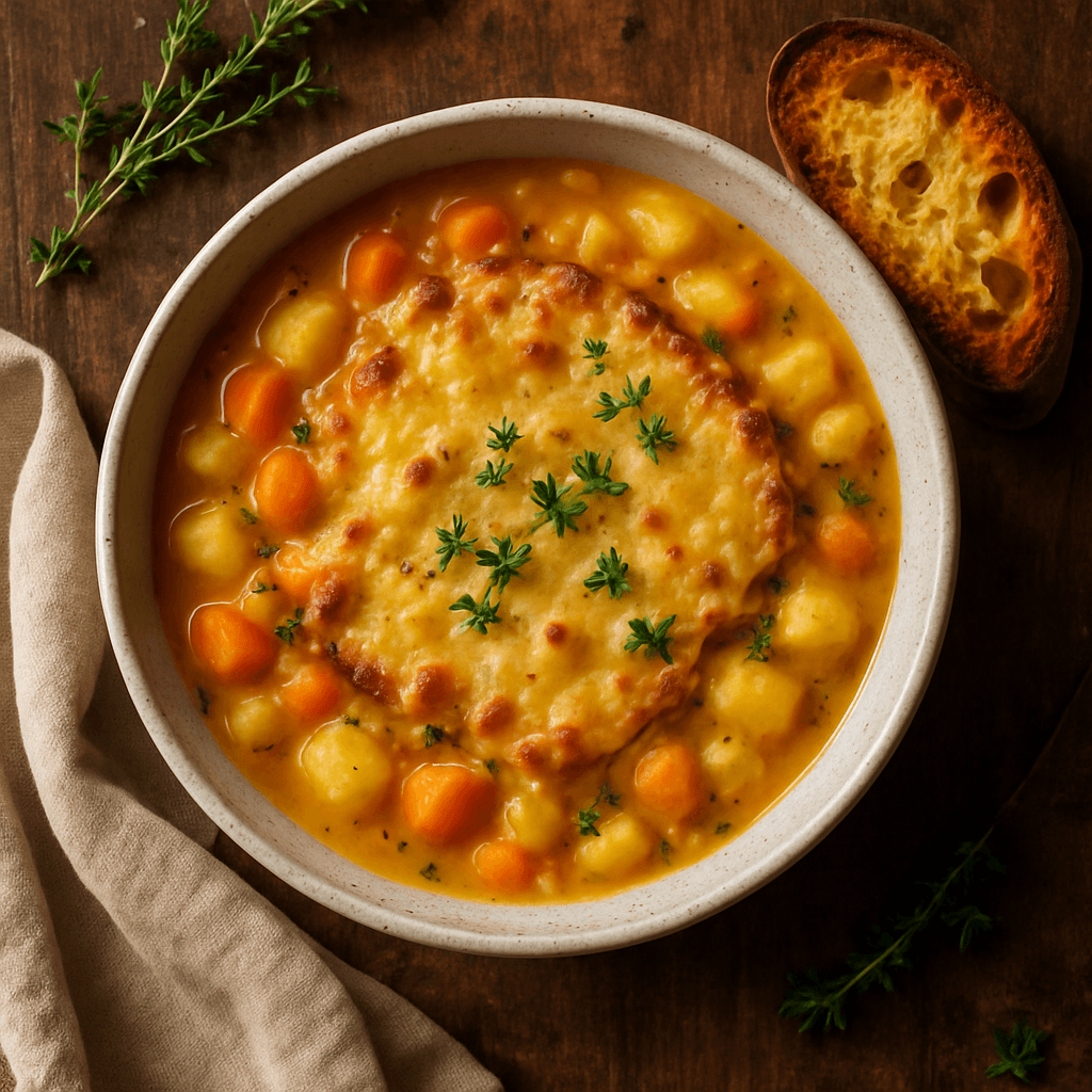 Fransk gratineret rodfrugtsuppe med gruyère og sprødt brød