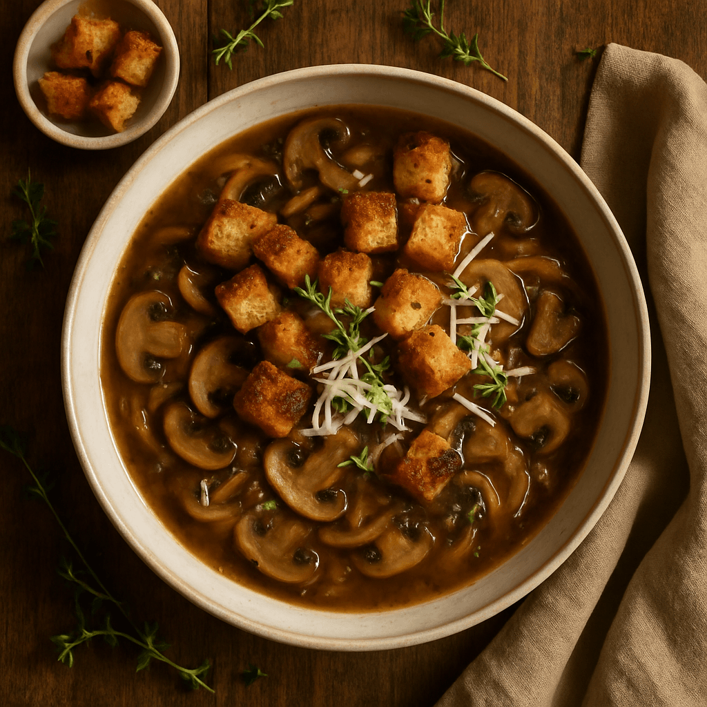 Fransk løgsuppe med svampe og brødcroutoner