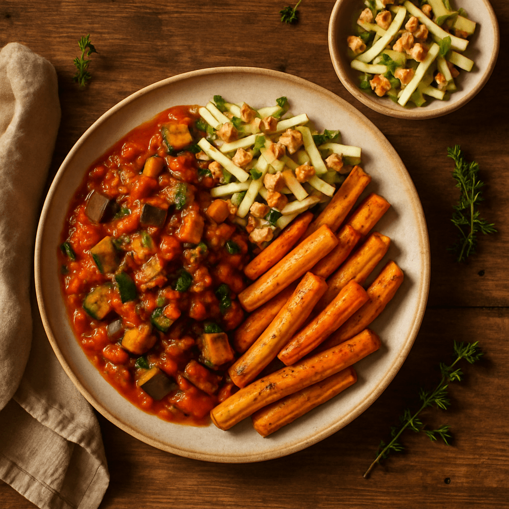 Fransk ratatouille med ovnbagte rodfrugter og æble- og valnødde-salat