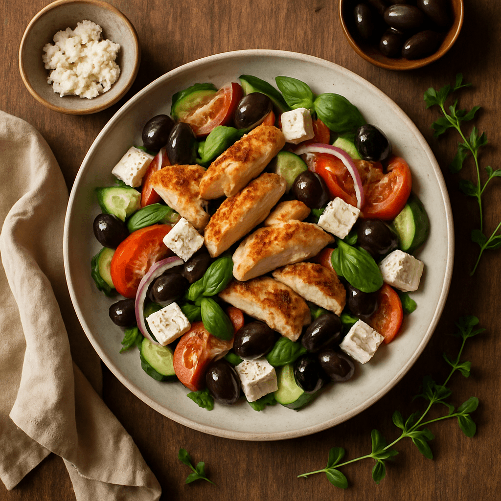 Græsk kyllingesalat med feta og oliven