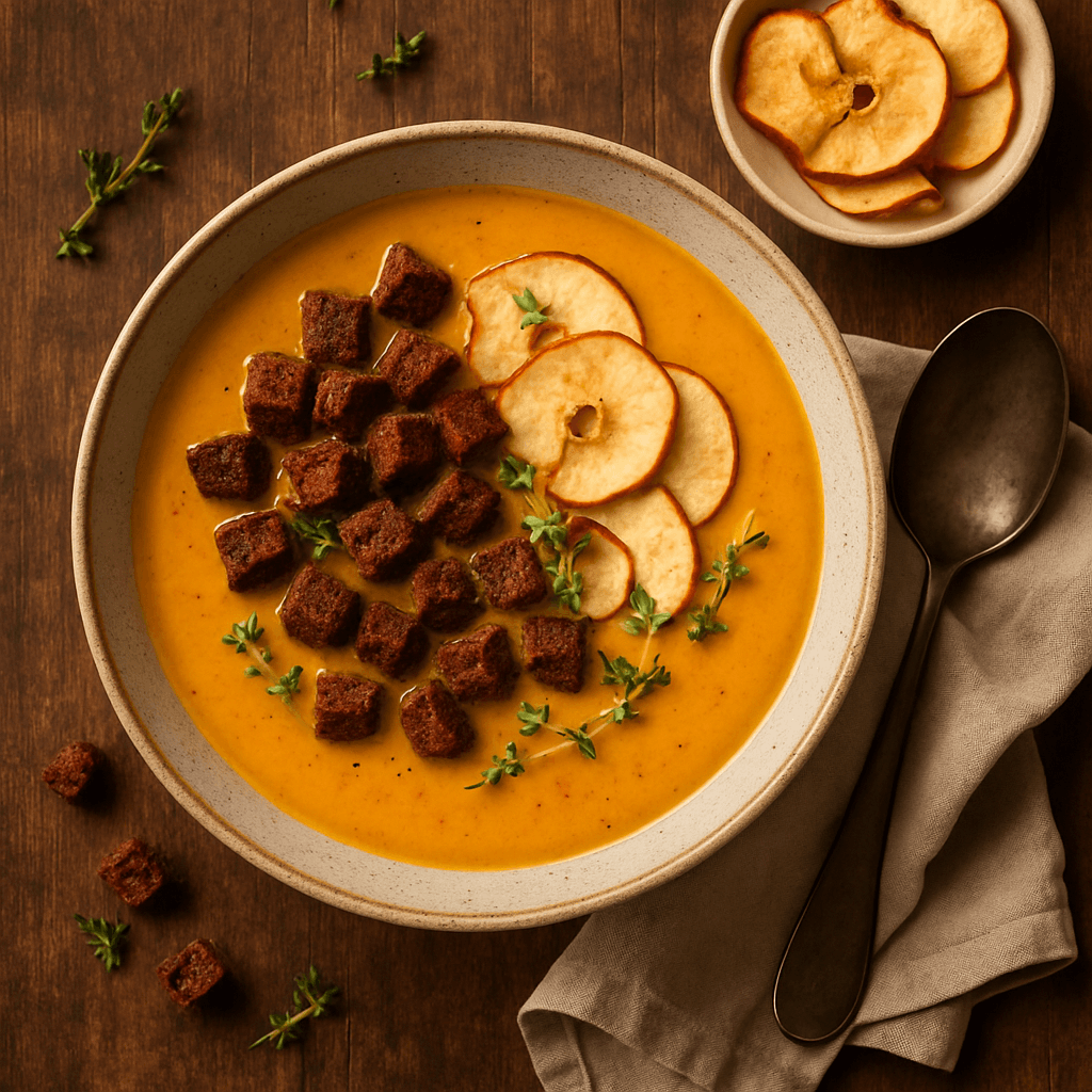 Græskar- og svampesuppe med rugbrødscroutoner og æblechips