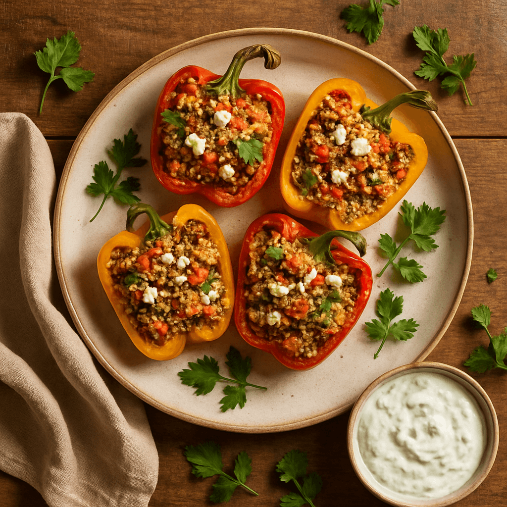 Græske fyldte peberfrugter med quinoa og tzatziki
