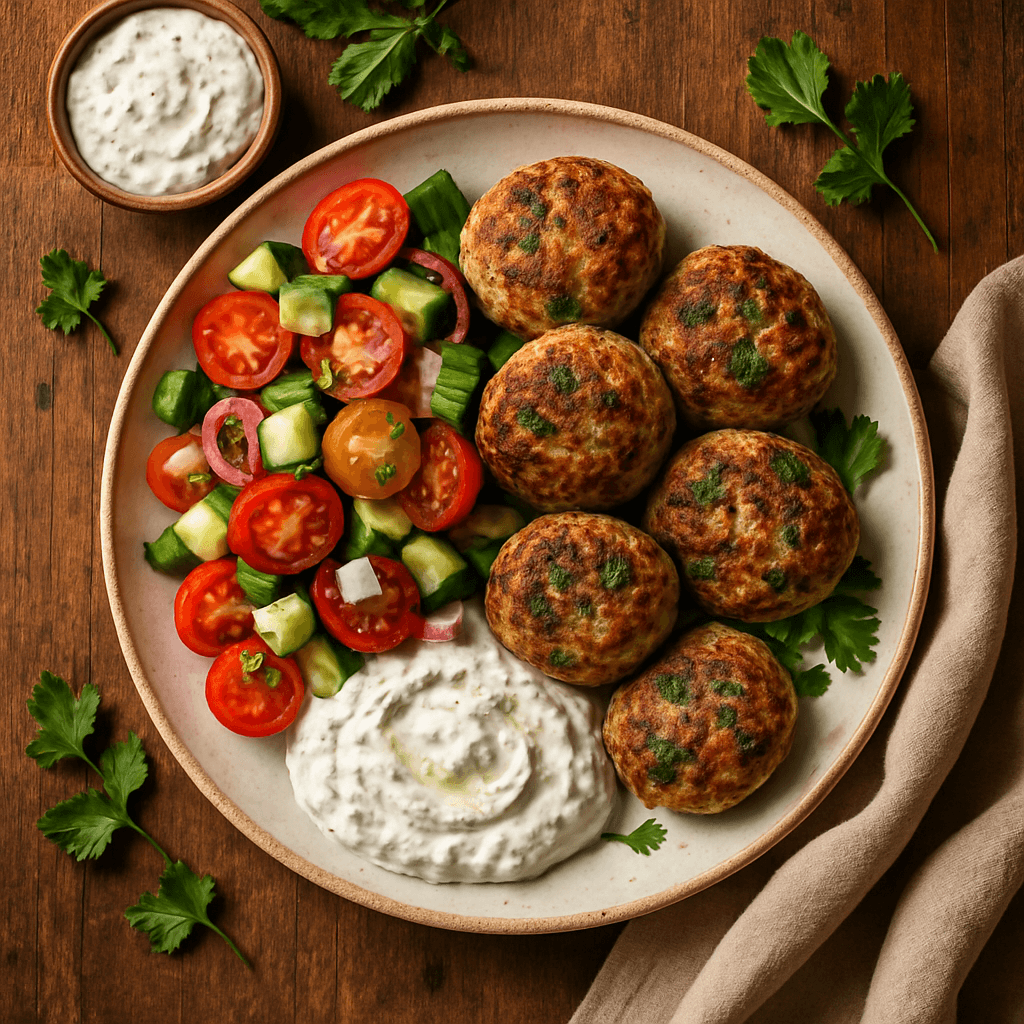 Græske kyllingefrikadeller med tzatziki og sommersalat