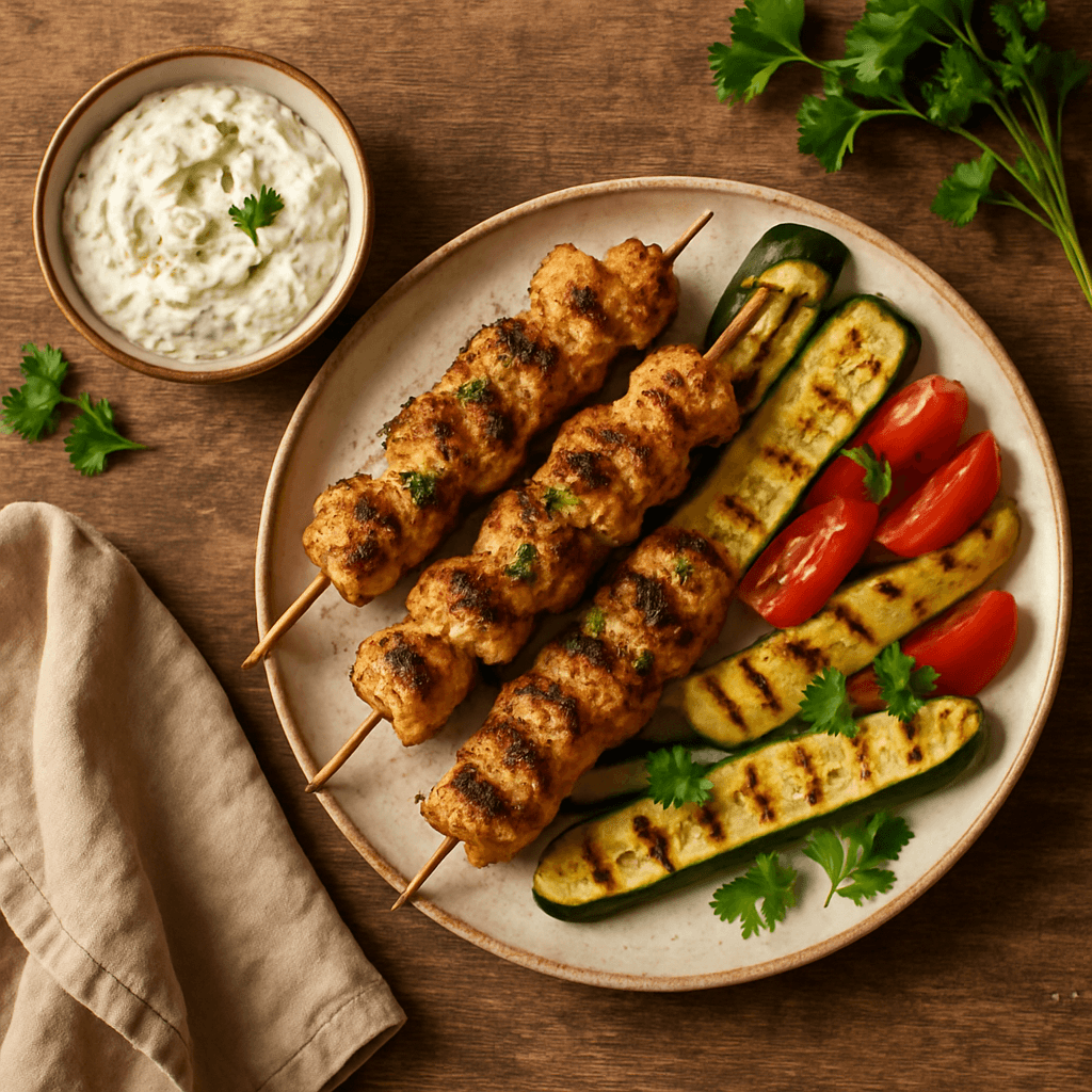 Græske Kyllingespyd med Tzatziki og Grillet Grønt