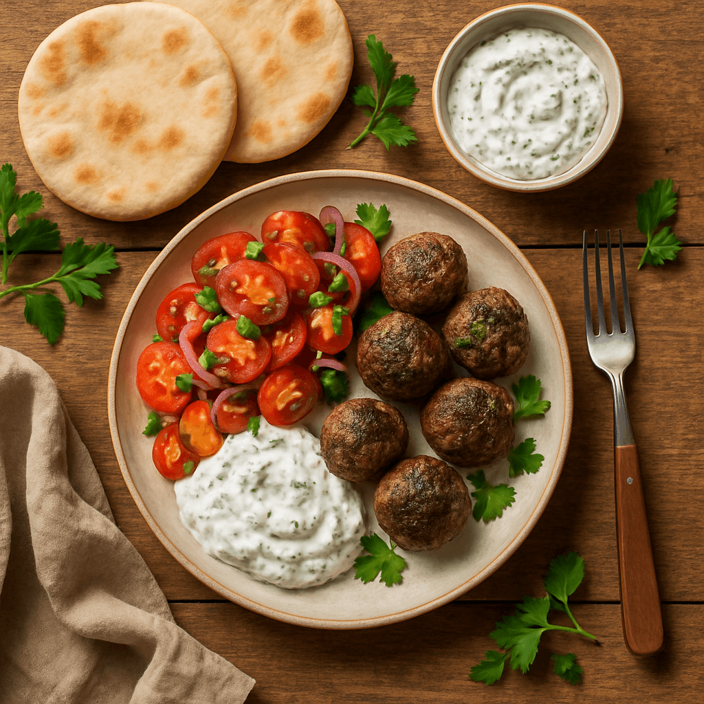 Græske lammeboller med tzatziki, pitabrød og tomatsalat