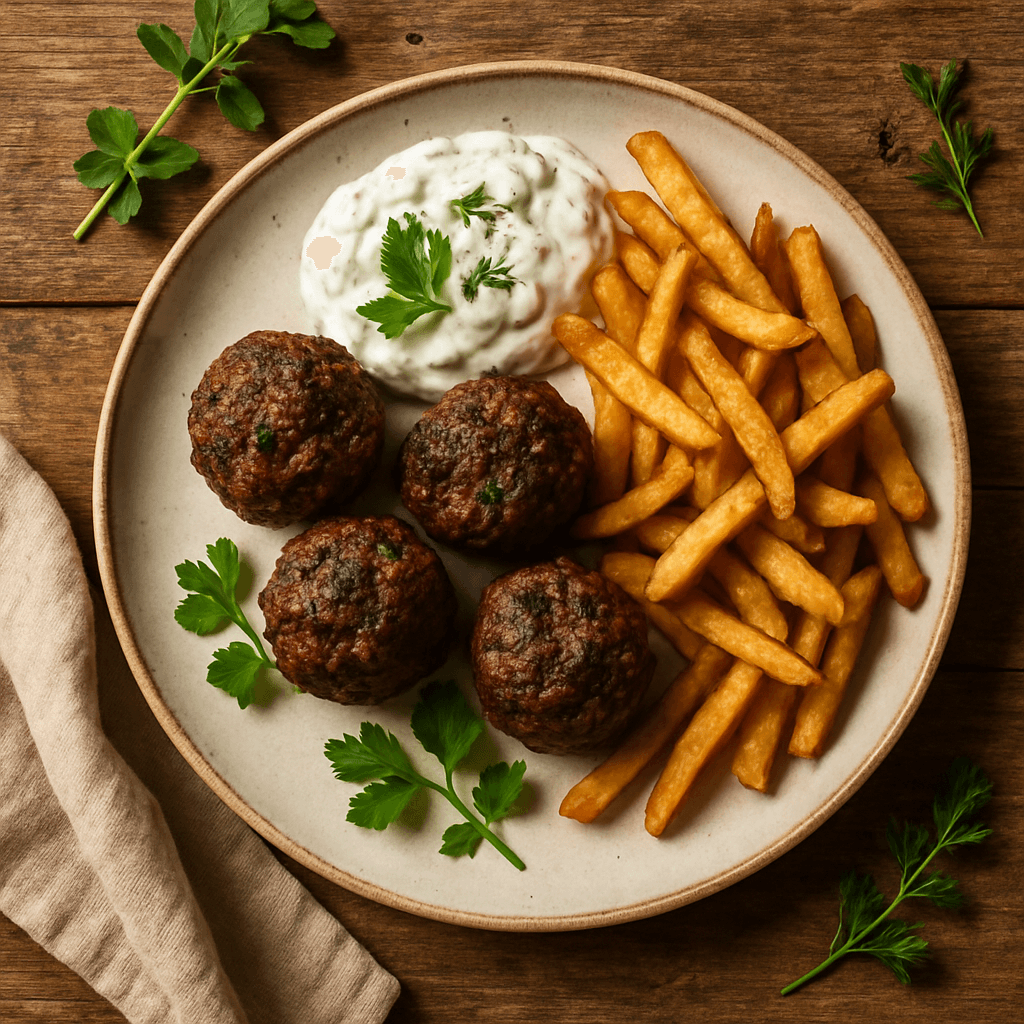 Græske oksekødsboller med tzatziki og fritterede kartofler