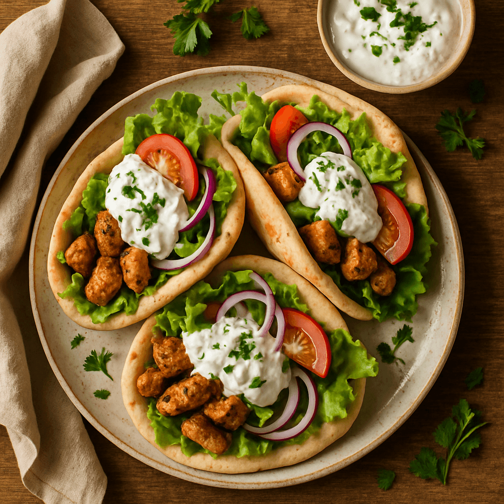 Græske pitabrød med fyld af krydret kylling, tzatziki og salat