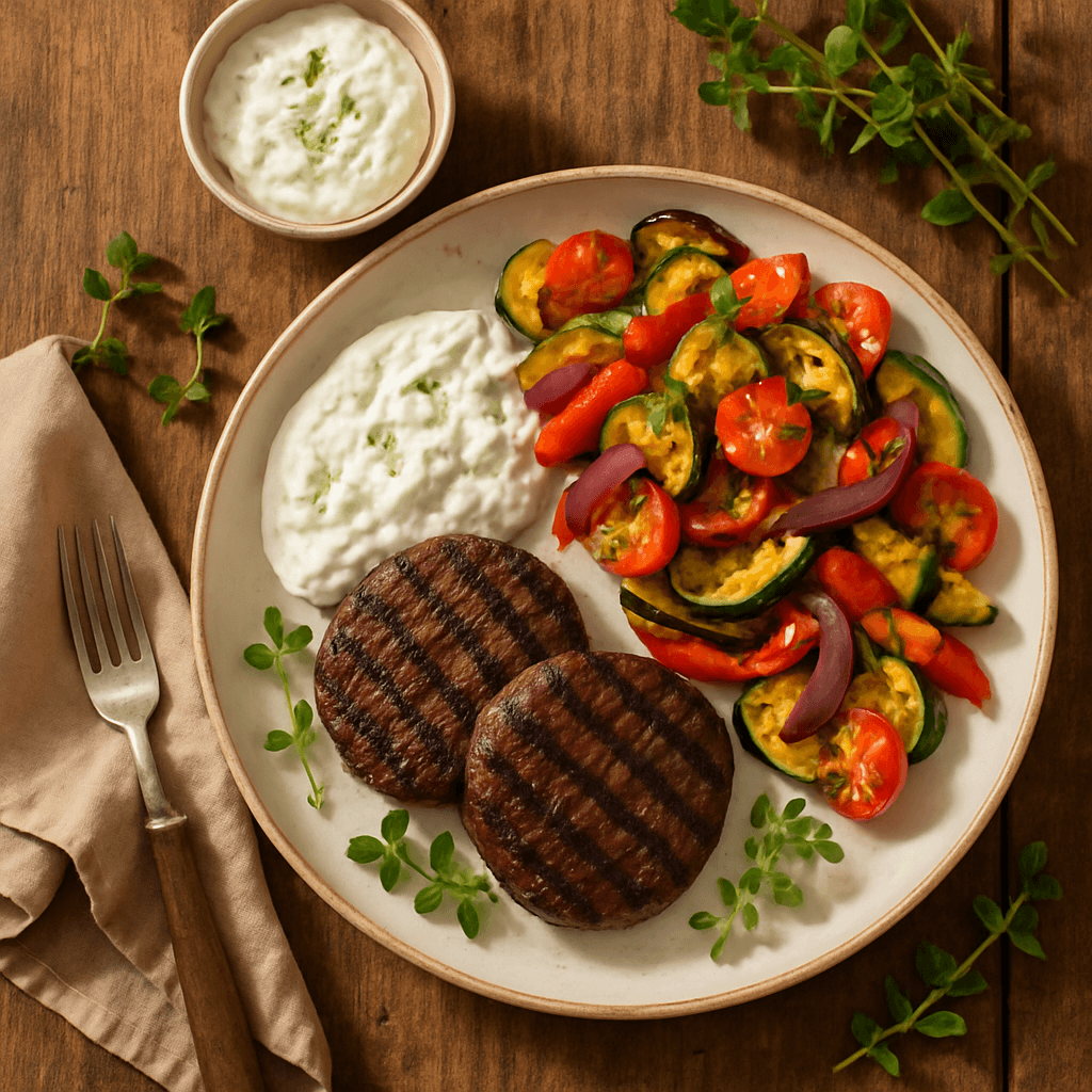 Grillbøffer med tzatziki og grillet grøntsagssalat