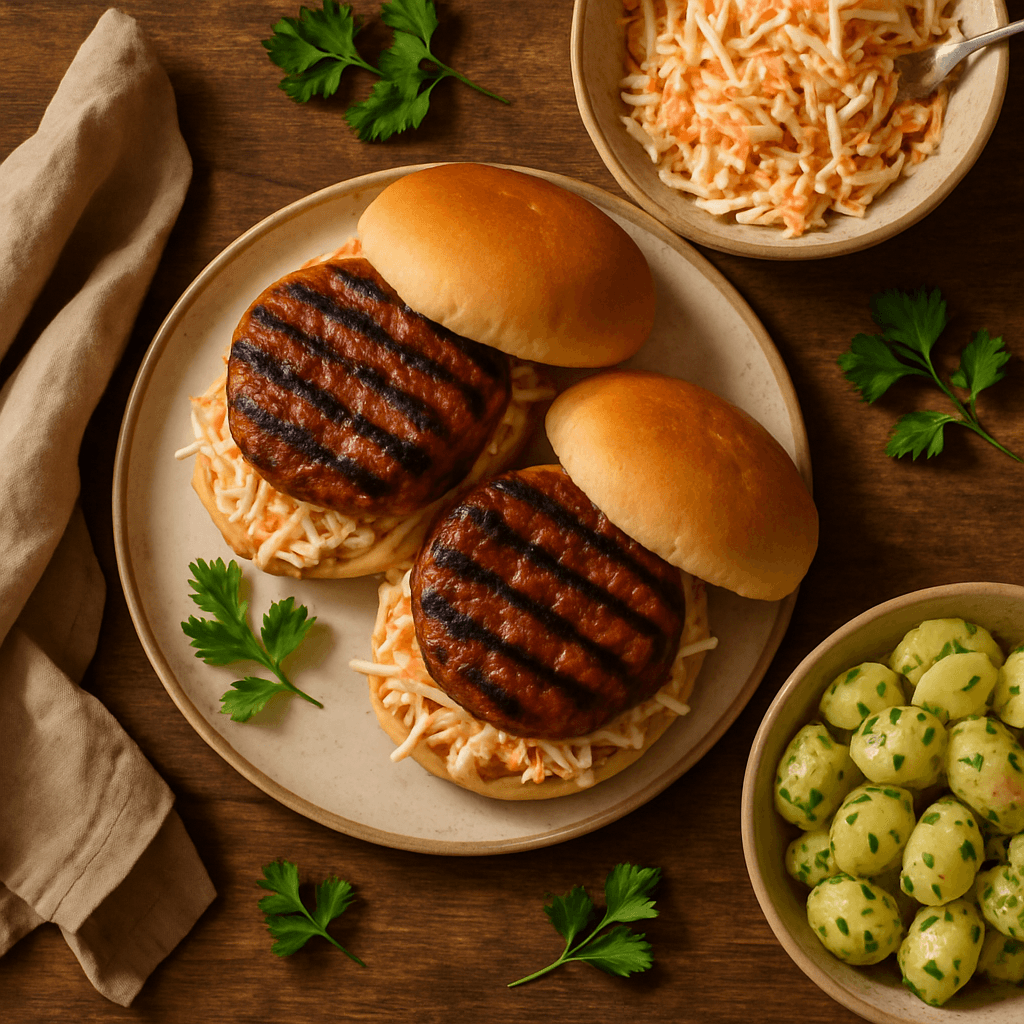 Grillede BBQ-burgere med coleslaw og kartoffelsalat
