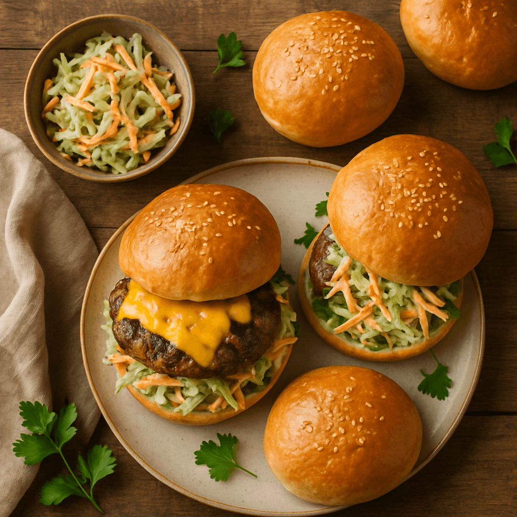 Grillede cheeseburgere med coleslaw og hjemmebagte burgerboller