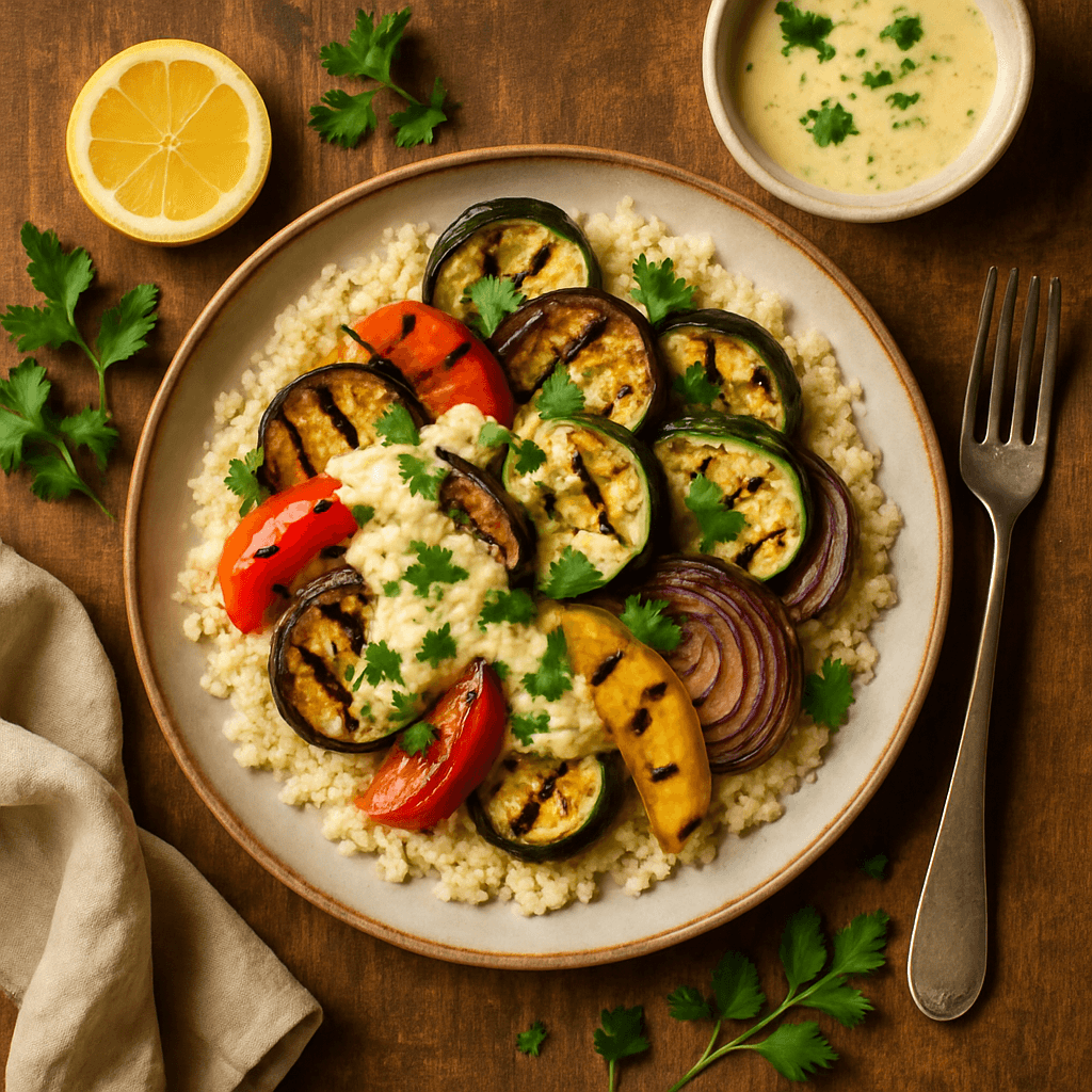 Grillede grøntsager med couscous og citron-hvidløgssauce