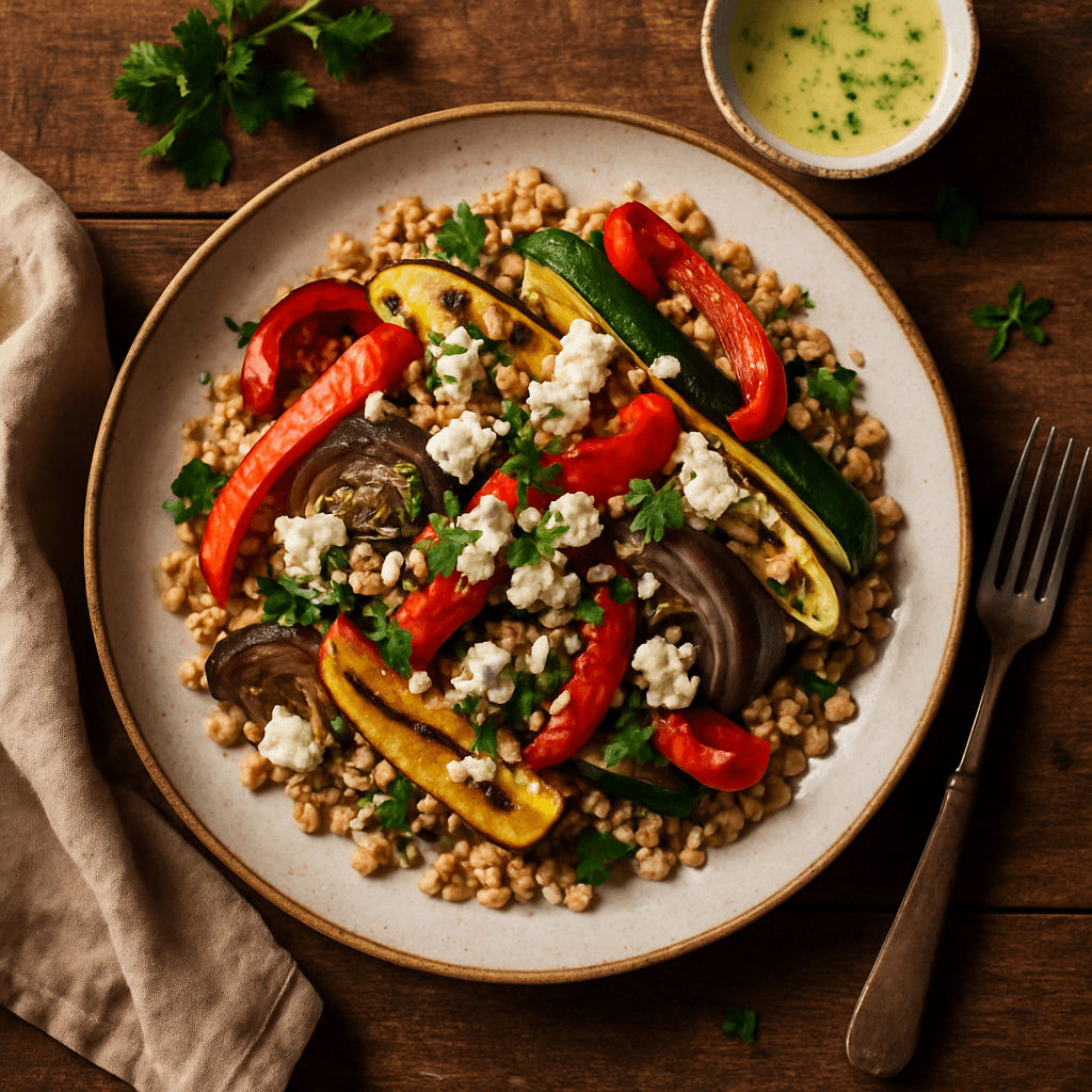 Grillede grøntsager med feta og perlespelt, serveret med en frisk citrondressing