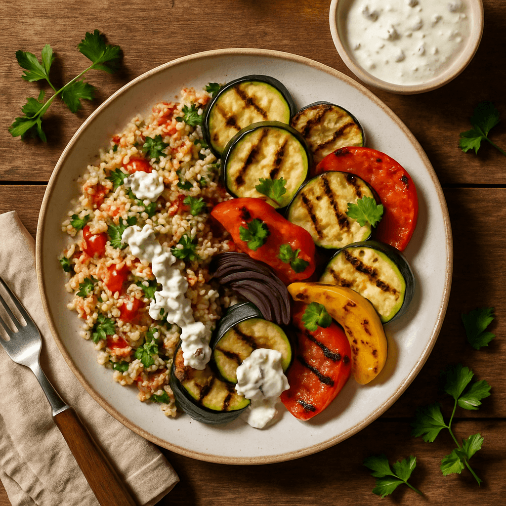 Grillede grøntsager med quinoasalat og feta-dressing
