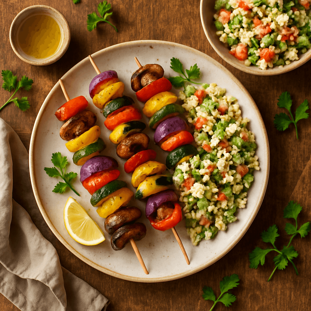 Grillede grøntsags kebab med feta og bulgursalat
