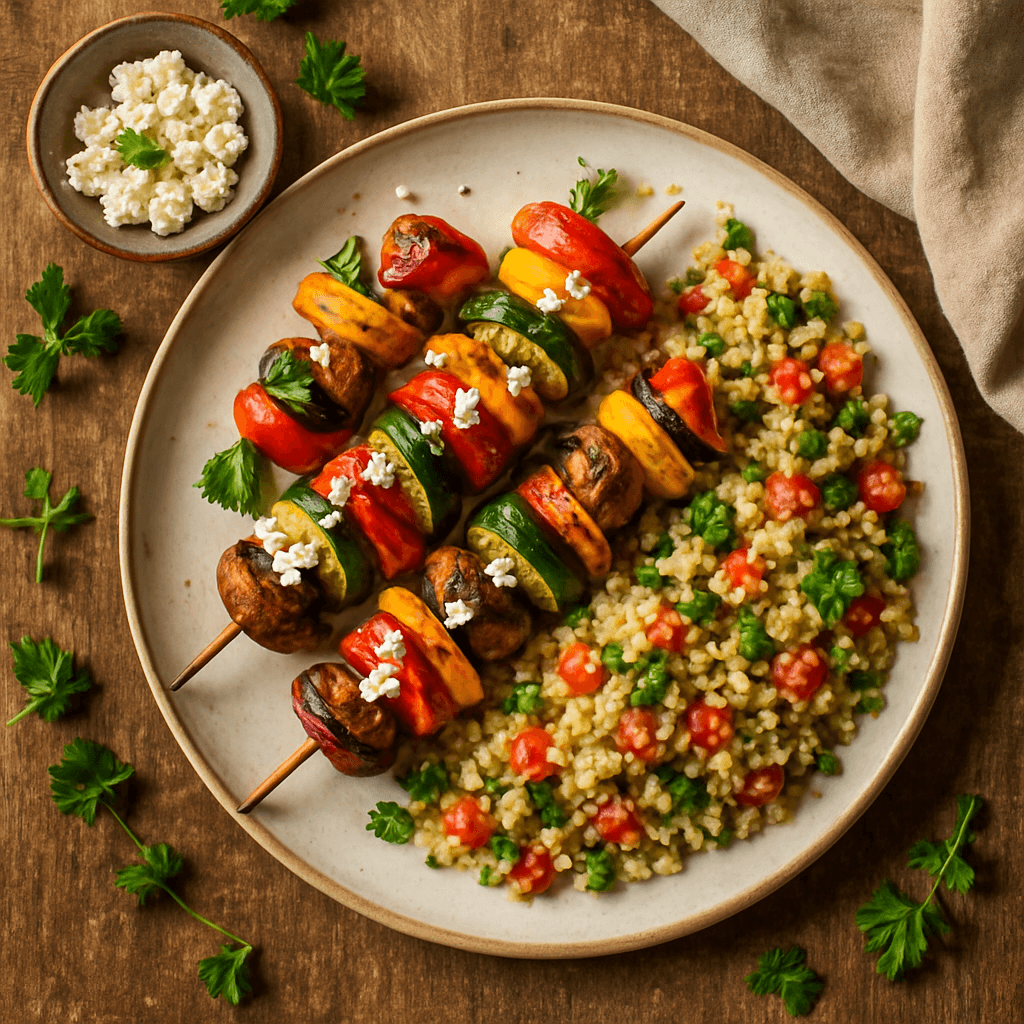 Grillede grøntsagsspyd med feta og couscoussalat