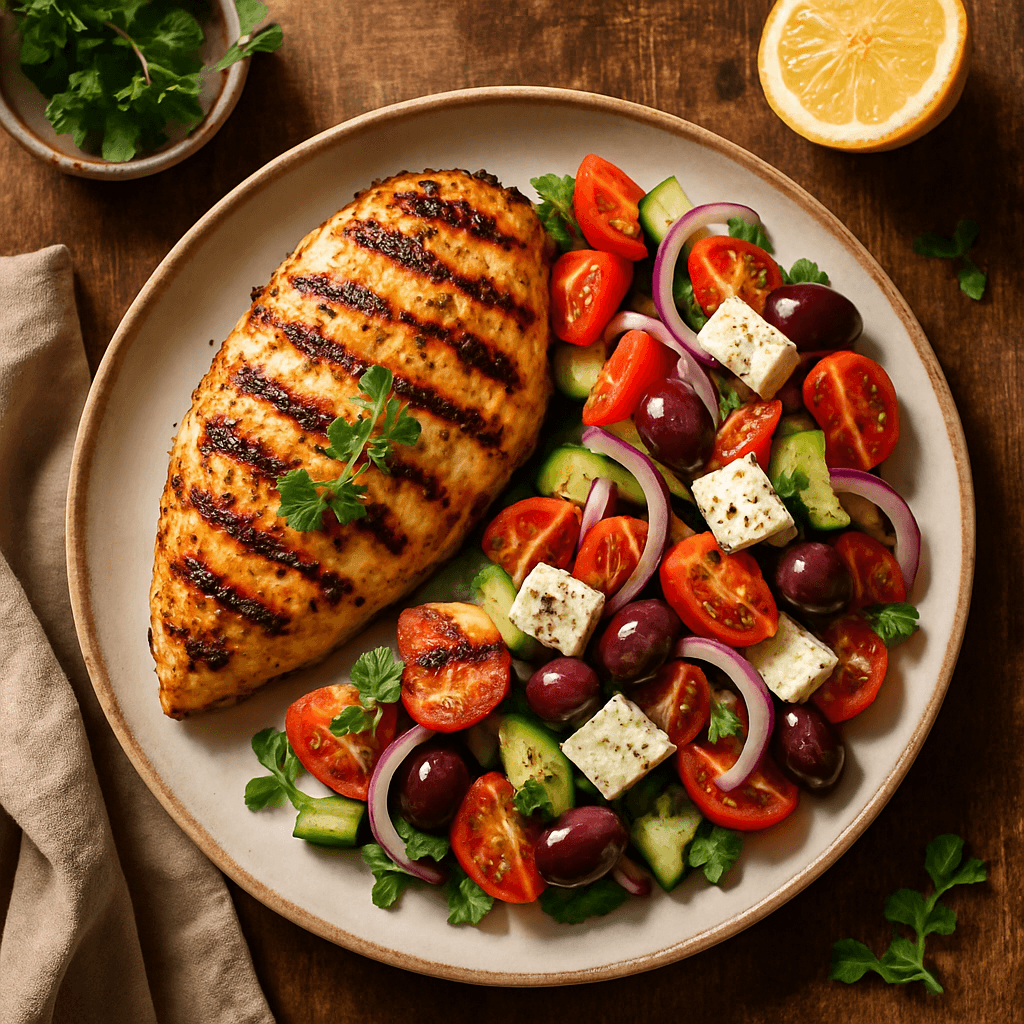 Grillede kyllingebryst med citron-oregano marinade og græsk salat