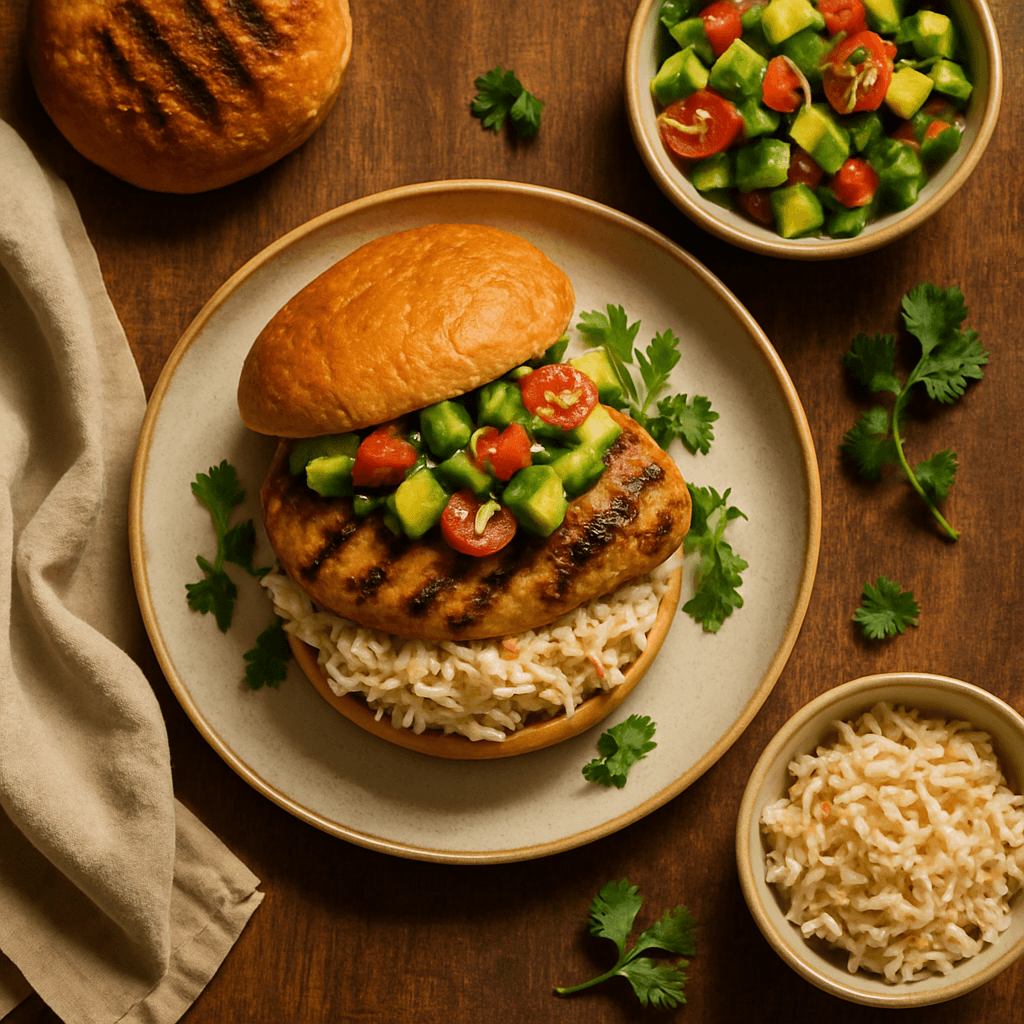 Grillede kyllingeburger med avocadosalat og coleslaw