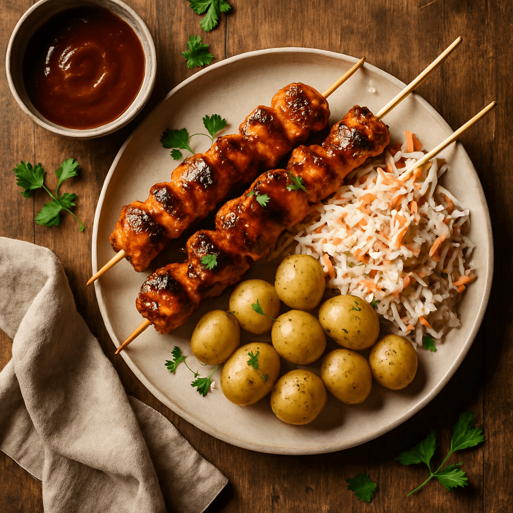 Grillede kyllingespyd med BBQ-sauce og coleslaw
