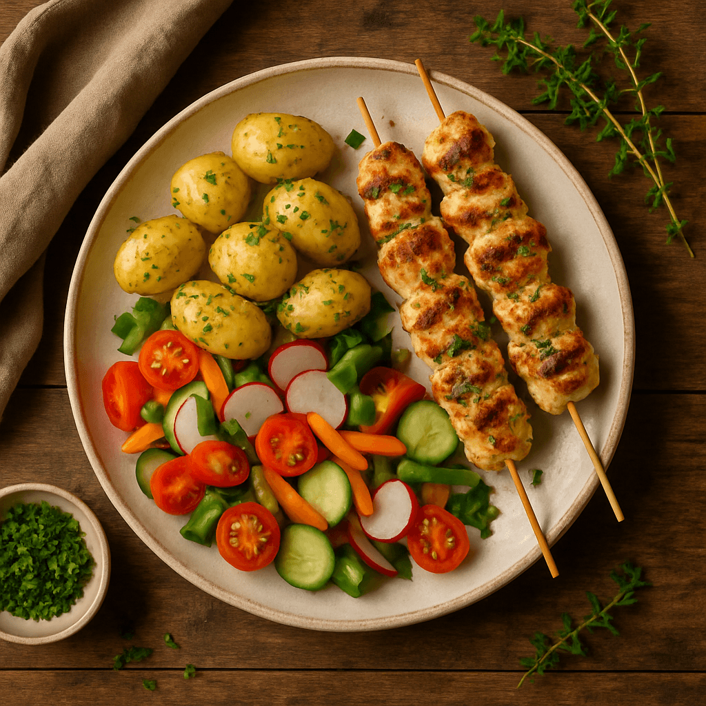 Grillede kyllingespyd med citronmarinerede nye kartofler og friske grøntsager