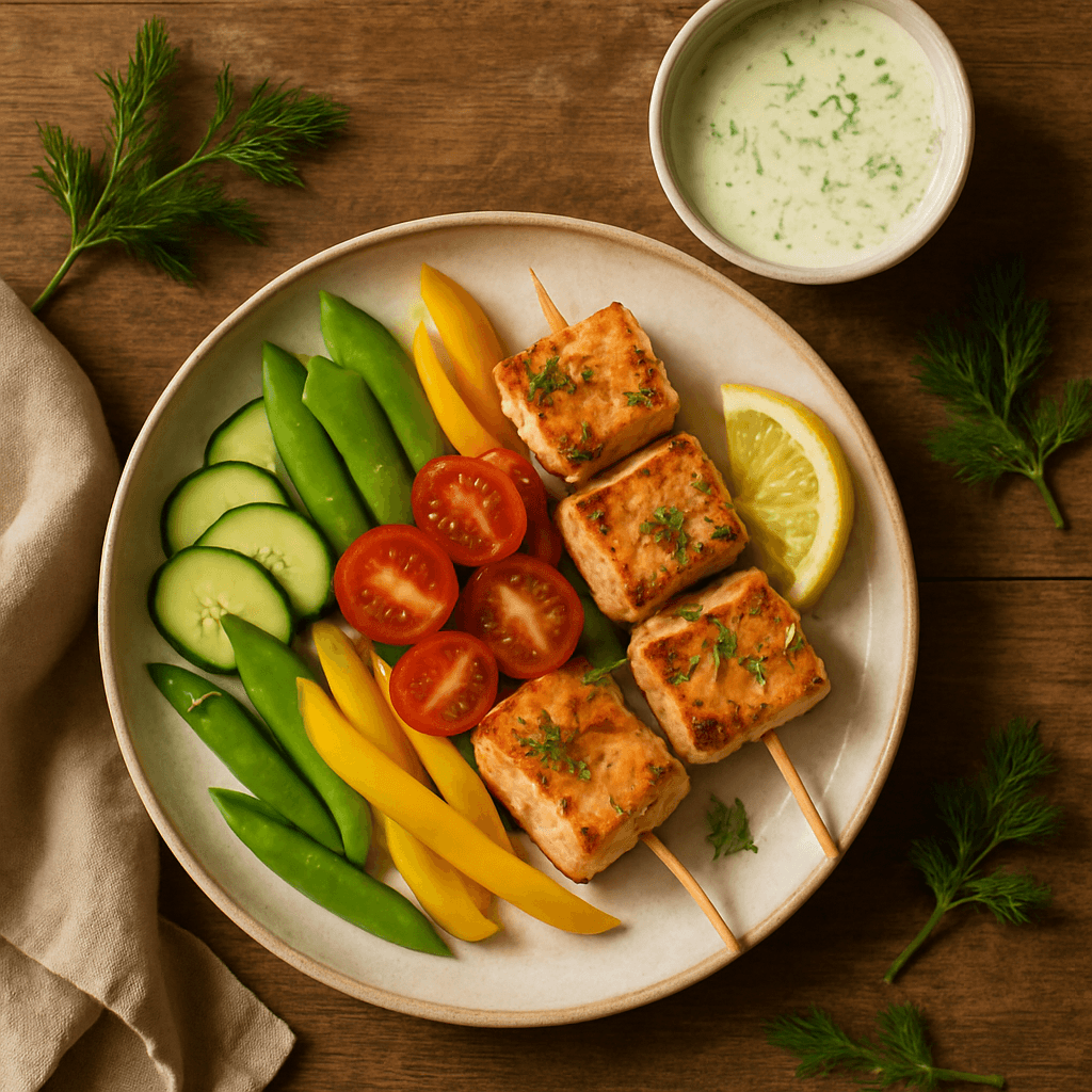 Grillede laksespyd med friske grøntsager og citron-dild dressing