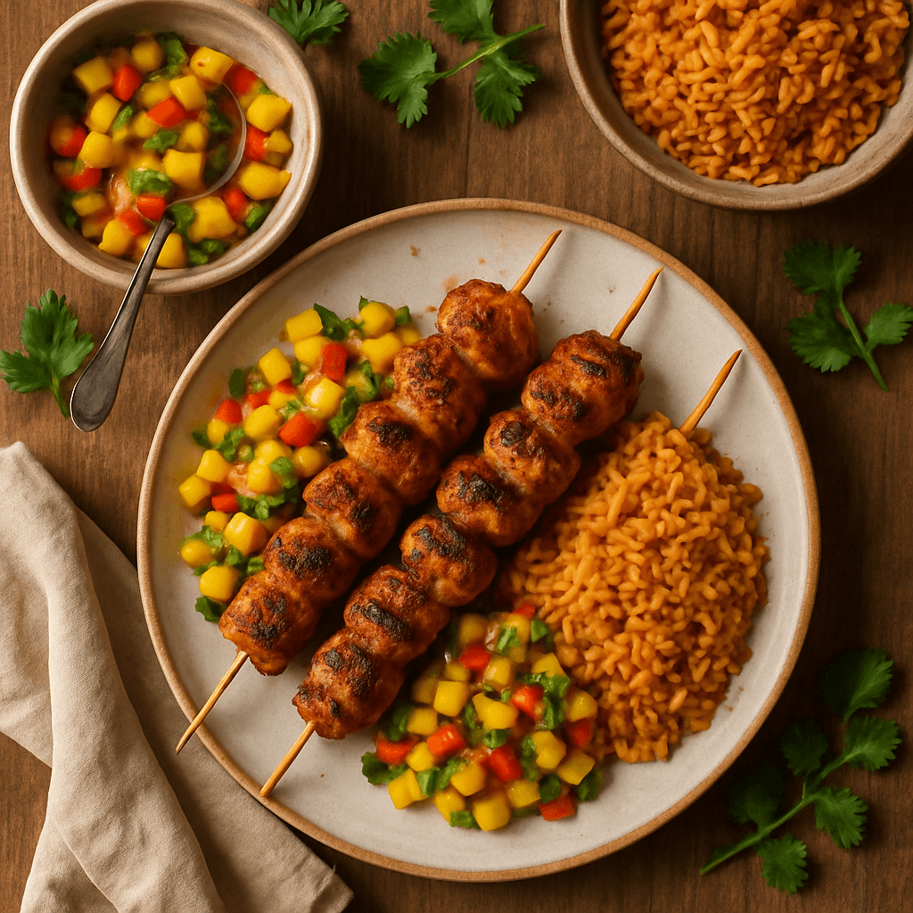 Grillede mexicanske kyllingespyd med mango-salsa og krydret ris