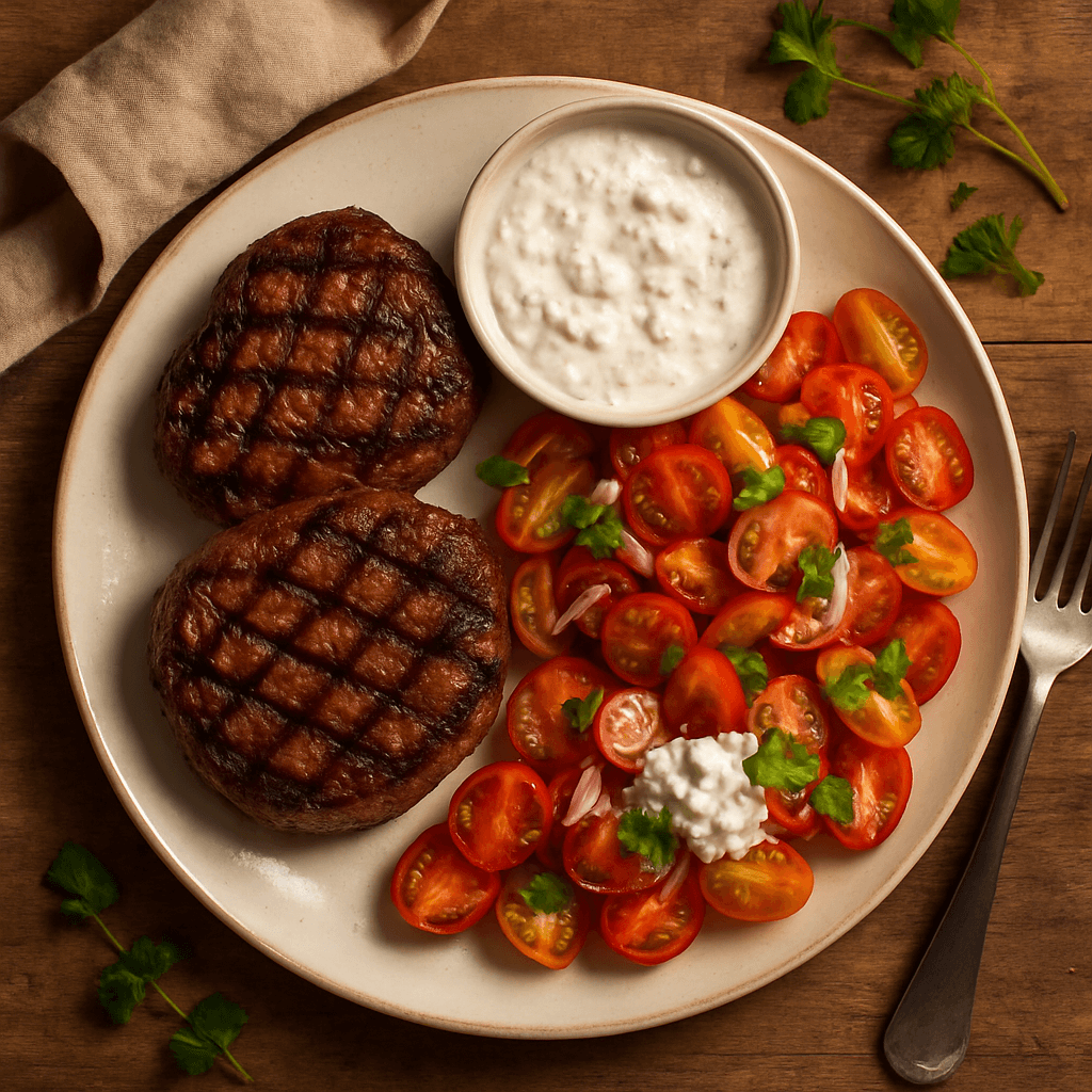 Grillede oksekødsbøffer med tomatsalat og feta-dressing