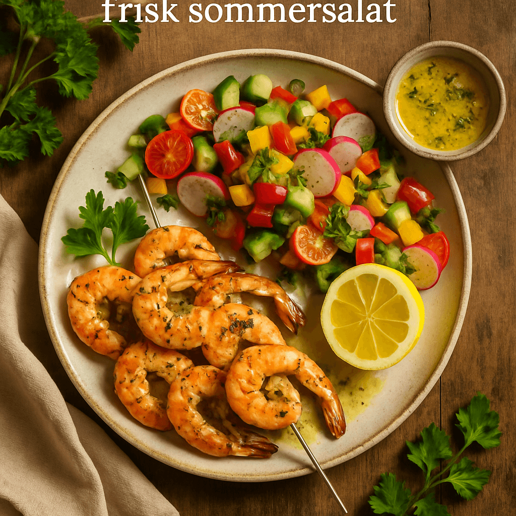 Grillede rejer med citronbutter og frisk sommersalat