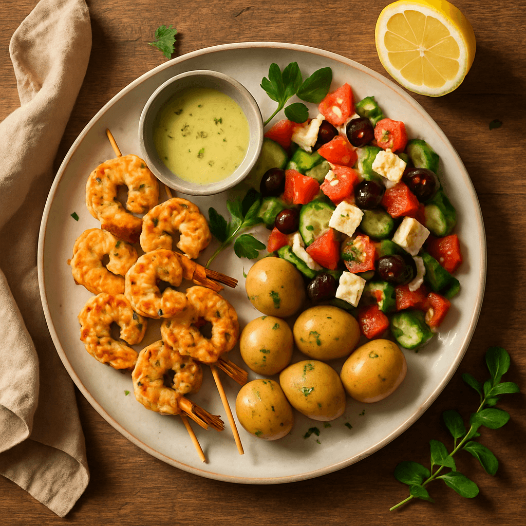Grillede rejer med citrondressing, græsk salat og nye kartofler