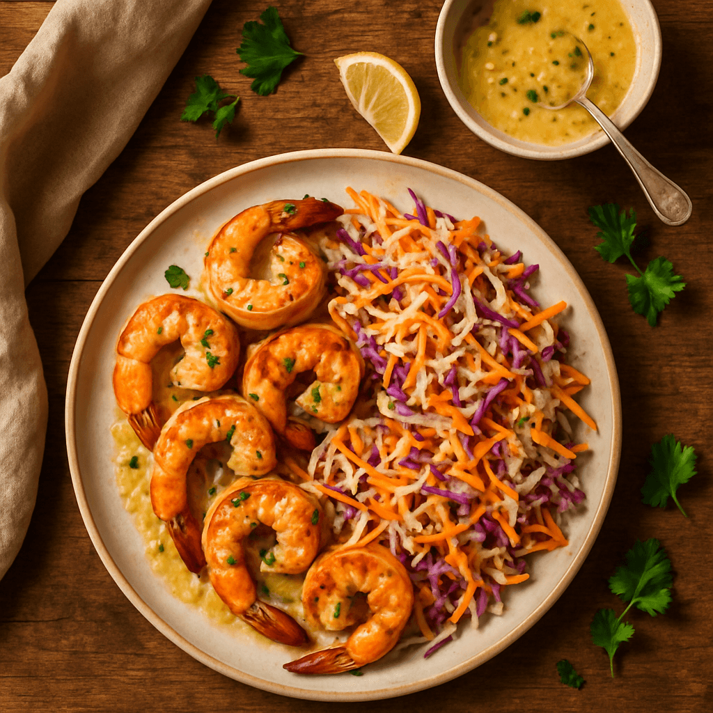 Grillede rejer med citronhvidløgssauce og sommercoleslaw
