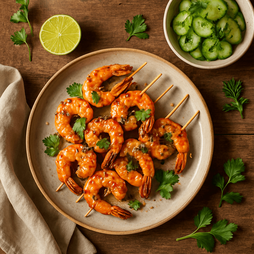 Grillede rejer med sesam og lime, serveret med kold agurkesalat