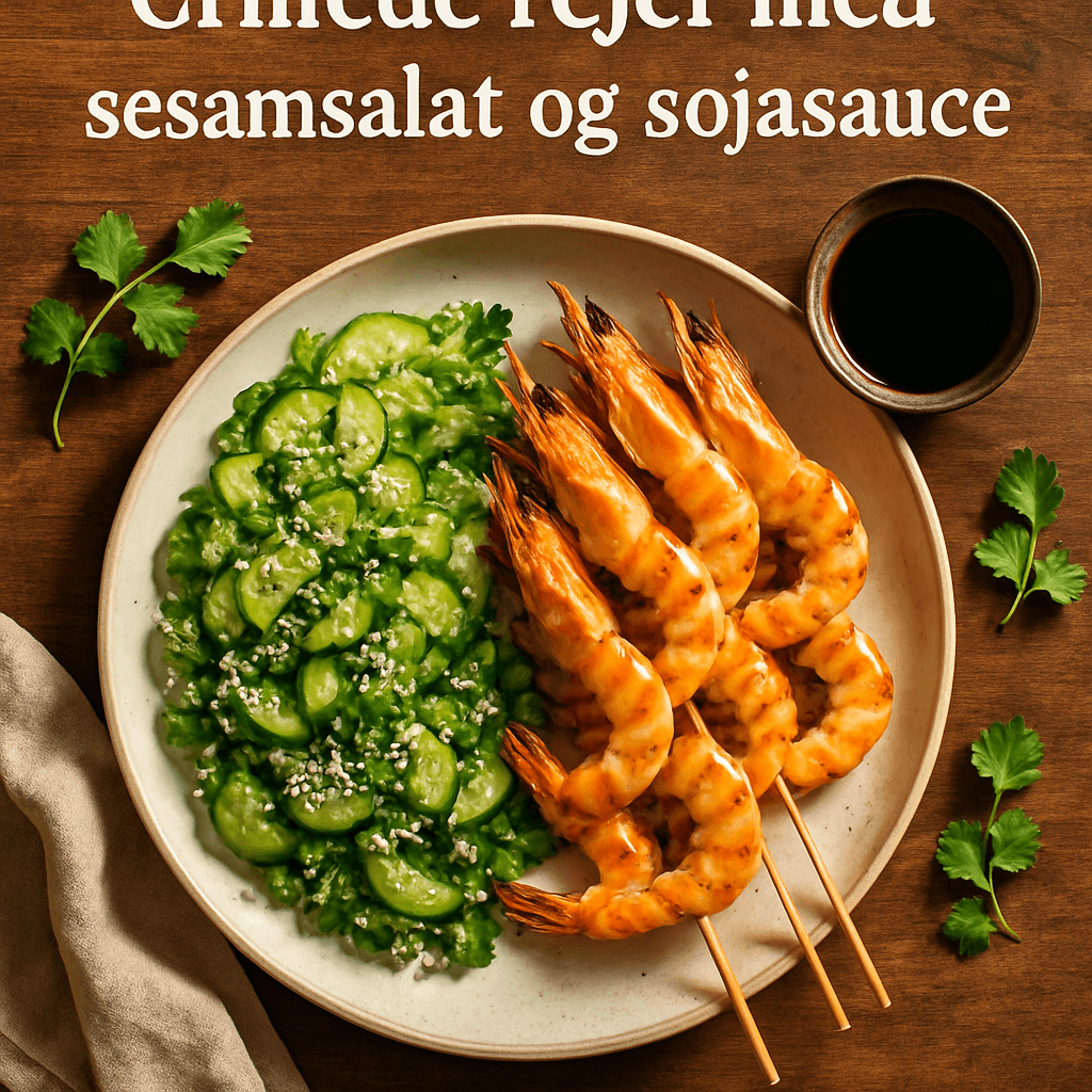 Grillede rejer med sesamsalat og sojasauce