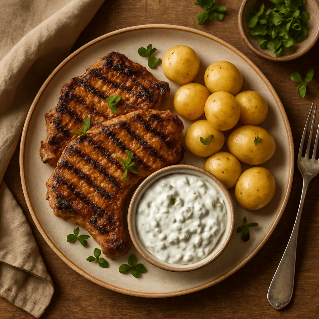 Grillede svinekoteletter marineret i græske krydderier med tzatziki og nye kartofler