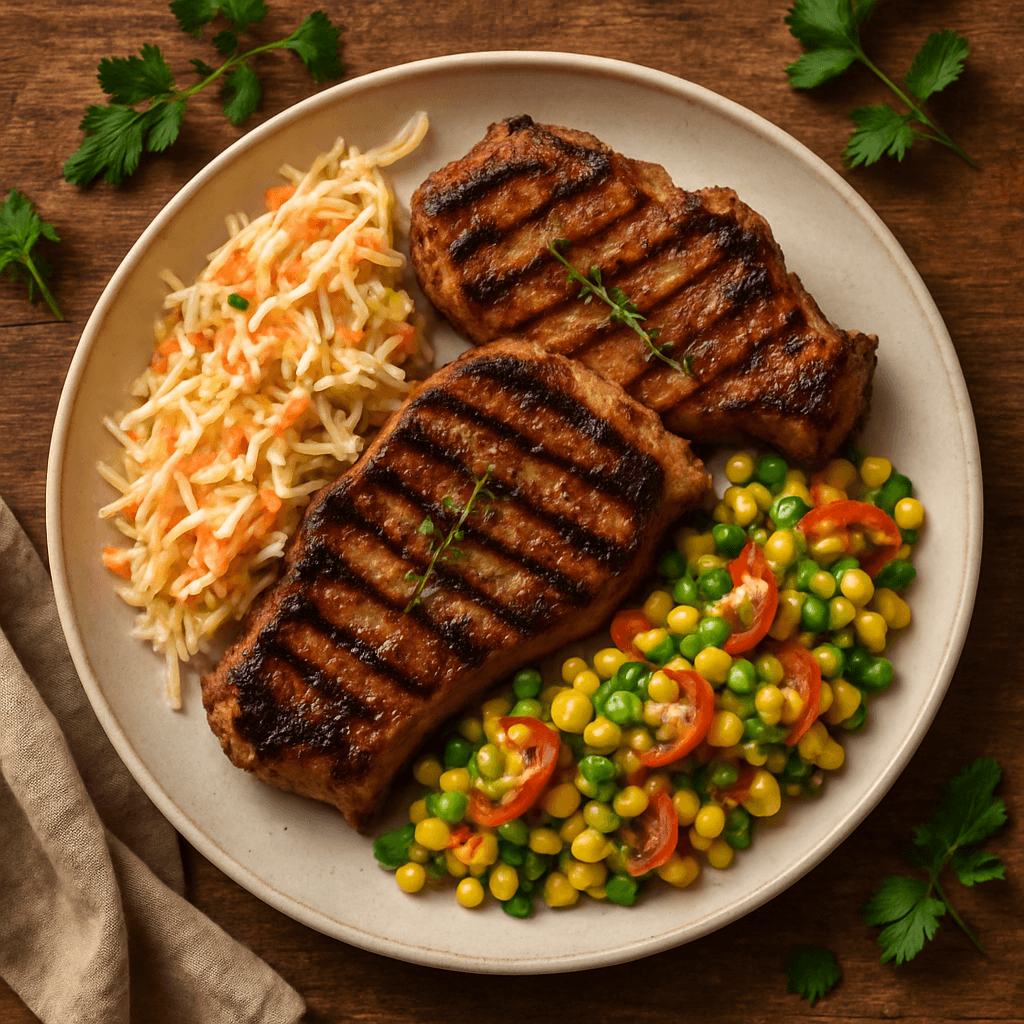 Grillede svinekoteletter med coleslaw og majssalat