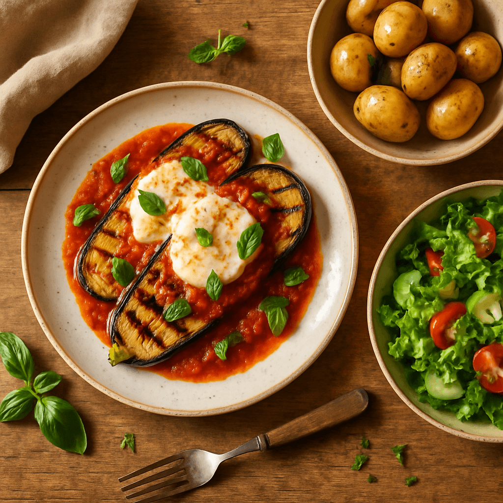 Grillet aubergine med tomatsauce og frisk mozzarella